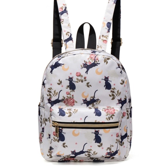 Floral Cat Backpack Mini White Cute Black Kitten Roses School Travel Bag New - Picture 2 of 6